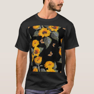 Camiseta Girassóis e borboletas: Fundo Preto de Aquarela