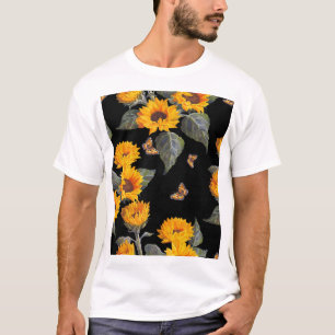 Camiseta Girassóis e borboletas: Fundo Preto de Aquarela