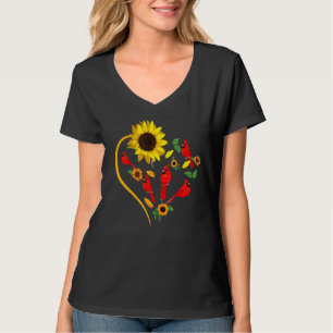 Camiseta Girassóis Pássaros Cardinal Fofo Forma de Coração