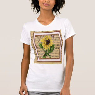 Camiseta Girassol bonito na partitura do vintage