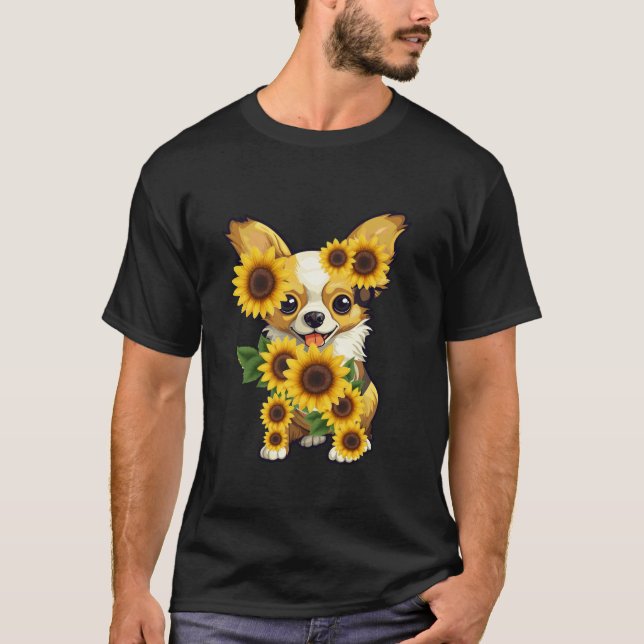 Camiseta Girassol Chihuahua Cachorro Flor Masculino Chihuah (Frente)