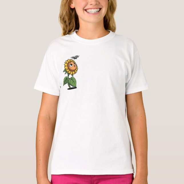 Camiseta Girassol Curioso Observando Abelha Zumbindo Crianç (Frente)