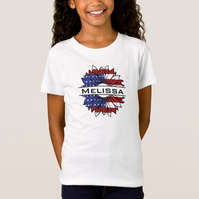 Camiseta Girassol de bandeira dos EUA com nome de garota (Frente)