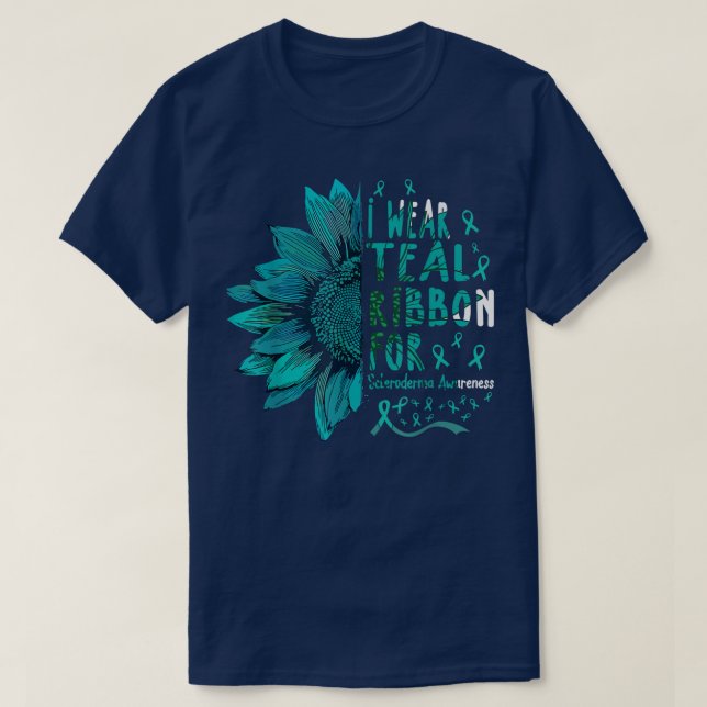 Camiseta Girassol Eu Visto Fita Teal para Scleroderma Aware (Frente do Design)