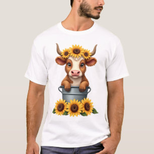 Camiseta Girassol Vintage Vaca das Terras Altas no Balde Fl