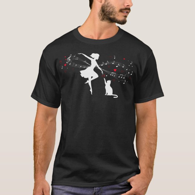 Camiseta Girl And Cat Dancing With Music Notes And Hearts (Frente)