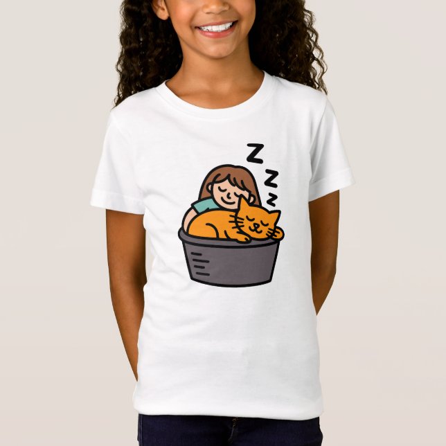 Camiseta Girl and Orange Cat Sleeping in Bucket (Frente)