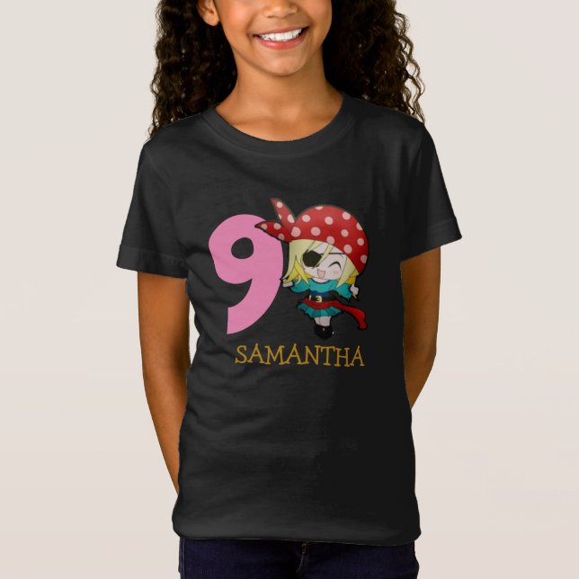 Camiseta GIRL Birthday Pirate 9º Nome T-Shirt (Frente)