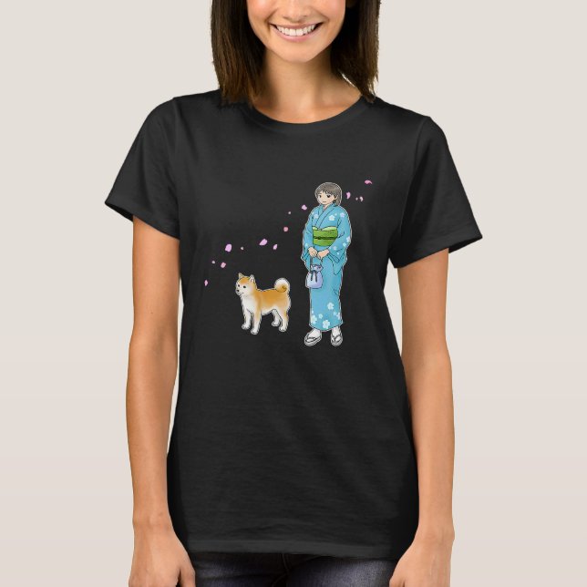 Camiseta Girl In Kimono & A Shiba Inu Enjoying A Breath Of  (Frente)