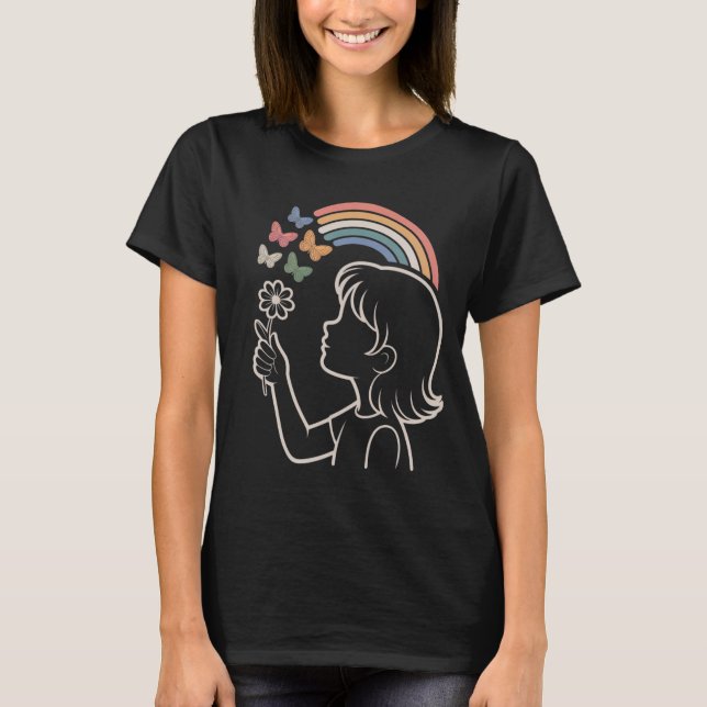 Camiseta Girl Silhouette Rainbow Butterfly Illustration (Frente)