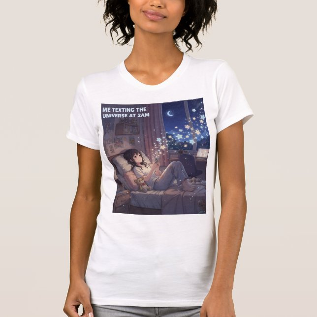 Camiseta Girl Texting Universe At Night Bedroom Scene (Frente)