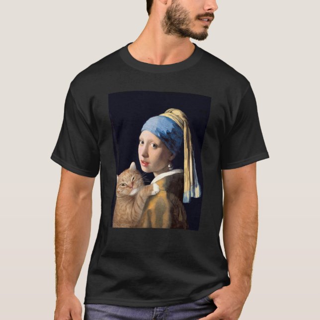 Camiseta Girl With A Pearl Earring With Orange Cat  Paintin (Frente)