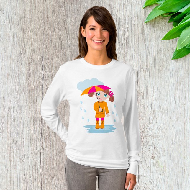Camiseta Girl with Umbrella in Rain Kids Rainy Day (Criador carregado)