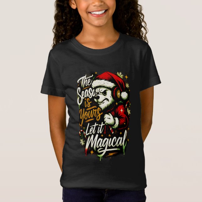 Camiseta Girls' Christmas Bear DJ Edgy Holiday Magic Tee  (Frente)
