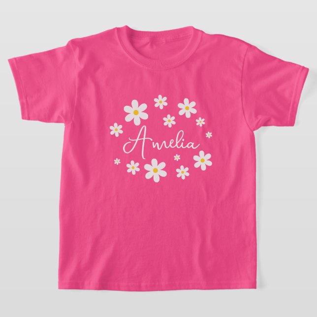 Camiseta Girls Cute Personalised Floral Daisy Pink T-Shirt (Postura )