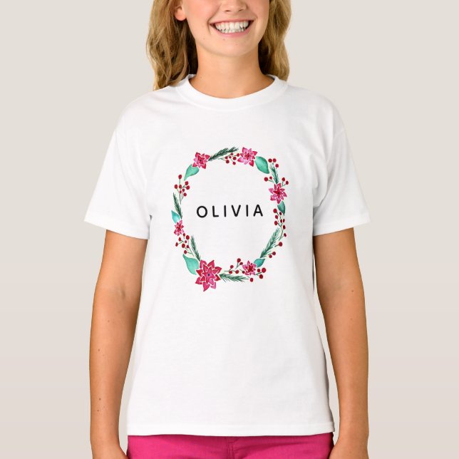 Camiseta Girls Cute Watercolor Wreath and Name (Frente)