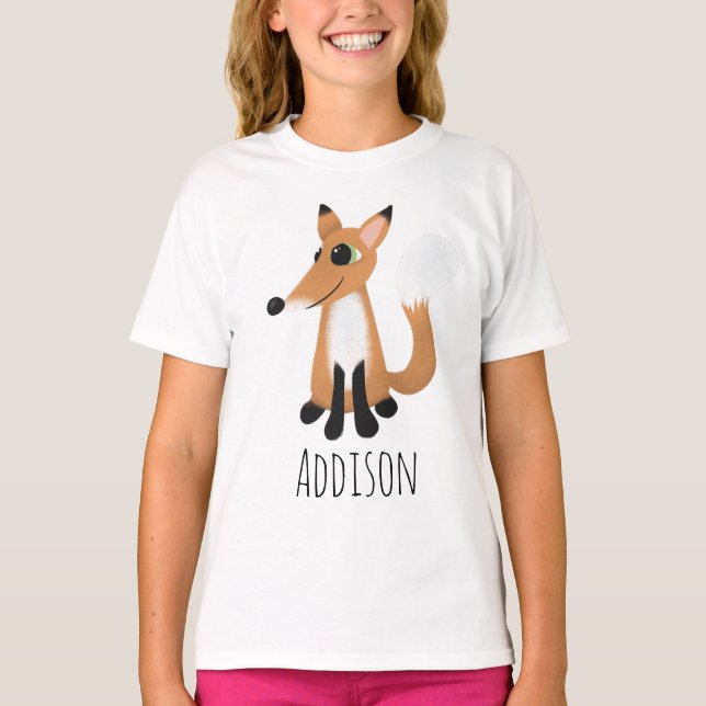 Camiseta Girls Cute Woodland Forest Fox and Name (Frente)