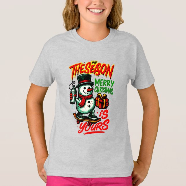 Camiseta Girls’ Festive Snowman Christmas Adorable Holiday (Frente)