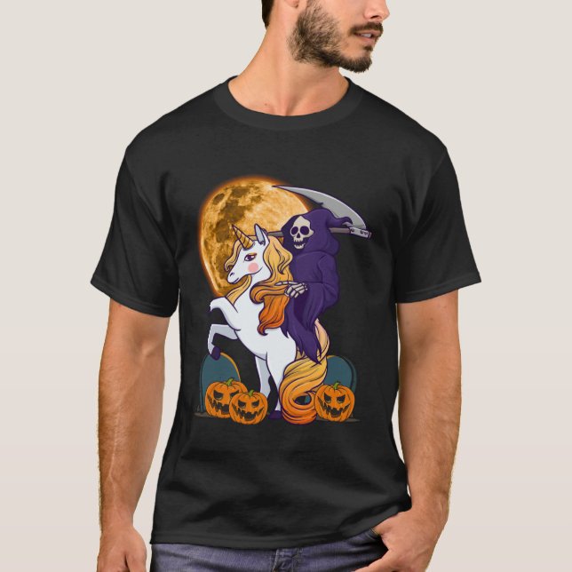 Camiseta Girls Grim Reaper Riding a Unicorn Spooky Hallowee (Frente)
