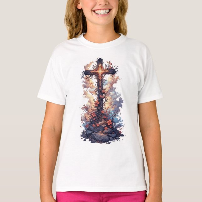Camiseta Girl's Pretty Floral Christian Cross Tee Shirt (Frente)