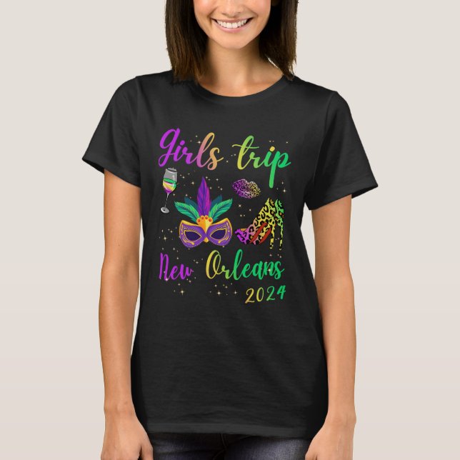 Camiseta Girls Trip New Orleans 2024 Mardi Gras Mask Miçang (Frente)