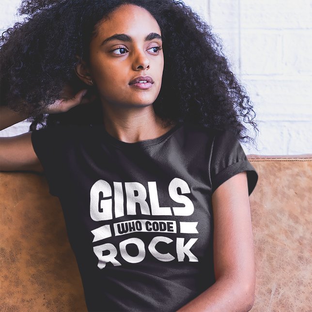 Camiseta Girls Who Code Rock, White on Black (Criador carregado)