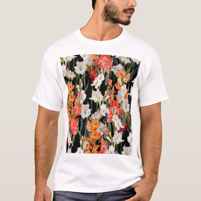 Camiseta Gladiolus multicolorido: Watercolo de fundo preto (Frente)