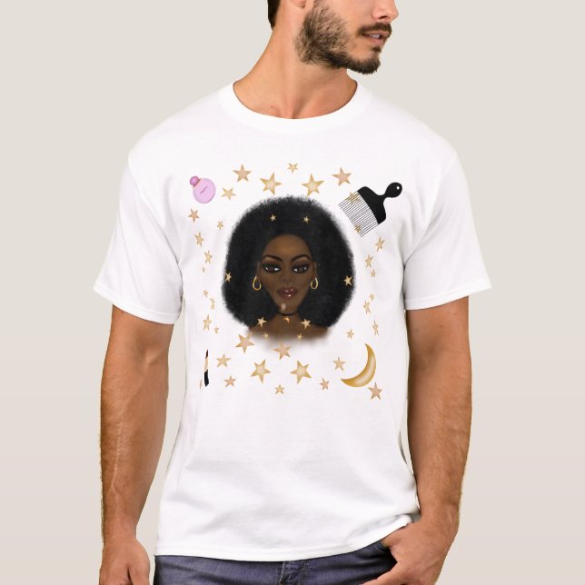Camiseta Glam Black Woman Afro Hair pic batom rosa (Frente)