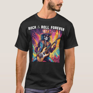 Camiseta Glam Rock Skeleton Guitarist Rock And Roll Forever