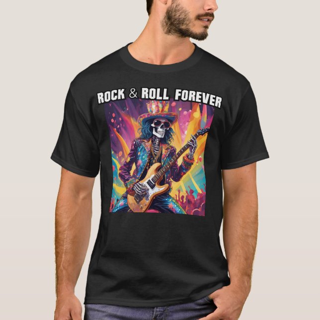 Camiseta Glam Rock Skeleton Guitarist Rock And Roll Forever (Frente)