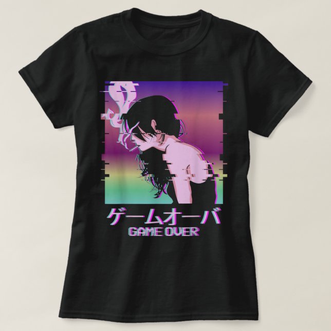 Camiseta Glitch Vaporwave Anime Game Over Art (Frente do Design)