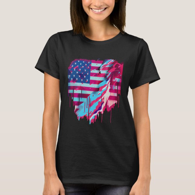 Camiseta Glitched Vaporwave American Flag (Frente)