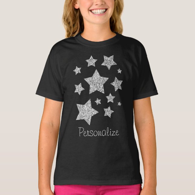 Camiseta Glitor prateado brilha Estrelas Personalizar (Frente)