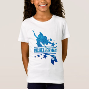 Camiseta Glitter Azul-Cinto Sereia Monograma Nome Aniversár