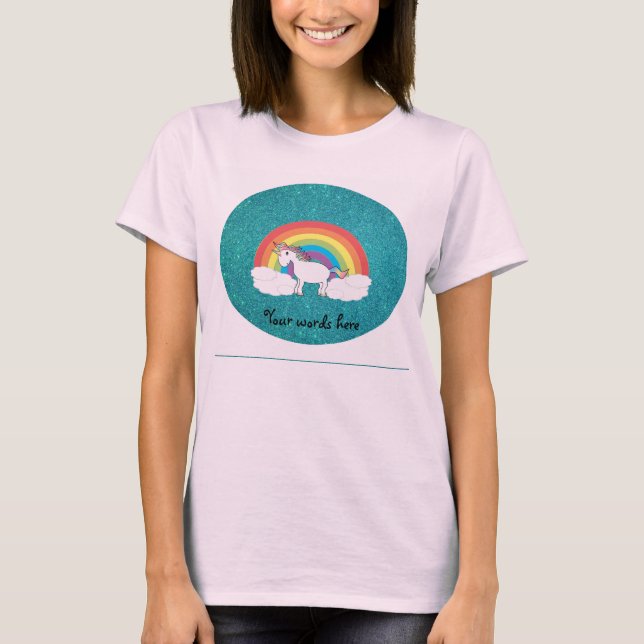 Camiseta Glitter de turquesa unicórnio do arco-íris (Frente)