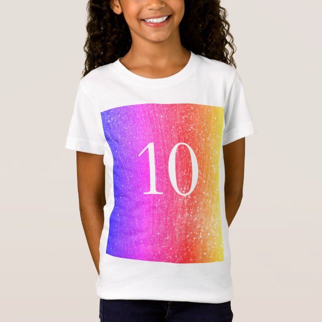 Camiseta Glitter Glitter Rainbow 10º Aniversário garota Ros (Frente)