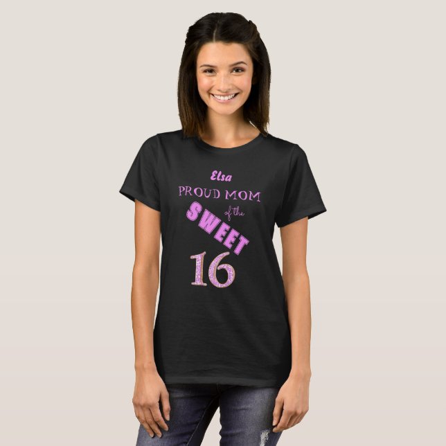 Camiseta Glitter Rosa Doce 16 Mãe Orgulhosa Aniversário (Frente Completa)