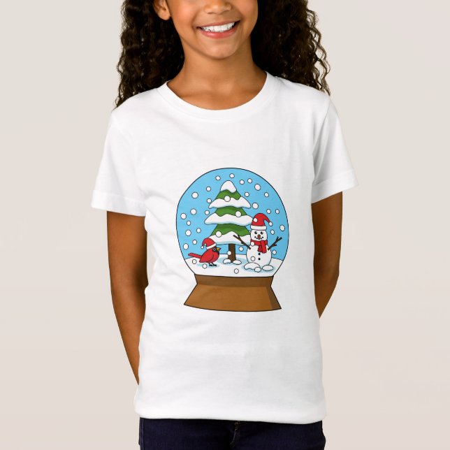 Camiseta Globo de Neve com Cardeal Snowman e Pine Tree (Frente)