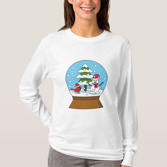 Camiseta Globo de Neve com Cardeal Snowman e Pine Tree (Frente)