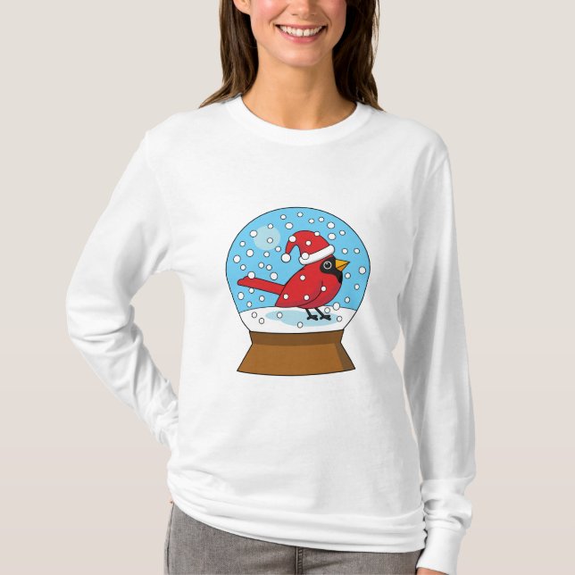 Camiseta Globo de Neve com Cardeal Vermelho Bonito (Frente)