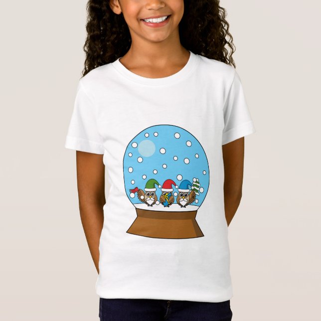 Camiseta Globo de Neve com Três Corujas Gnomo (Frente)