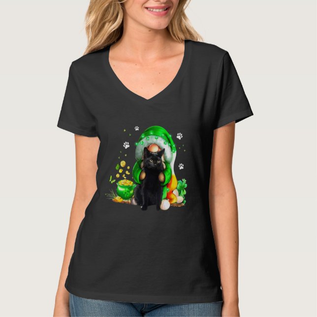 Camiseta Gnome Black Cat Shamrock St Patricks Day Kitten Gi (Frente)