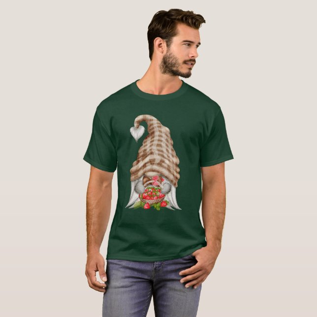 Camiseta Gnome com cesto de morangos Xadrez Hat Unisex (Frente Completa)
