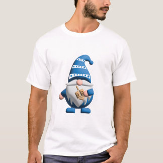Camiseta Gnome de Hanukkah Branco Azul segurando Dreidel