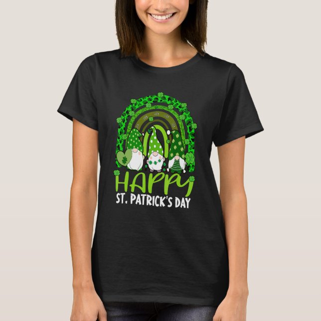 Camiseta Gnome Lucky Shamrock Rainbow Leopard St Patricks D (Frente)