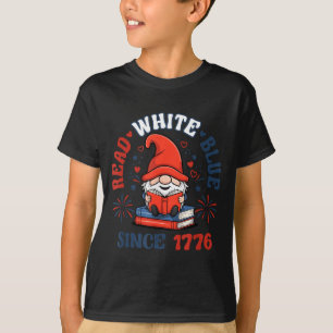 Camiseta Gnome Patriótico Cute Read Branco Azul 4 de Julho