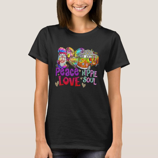 Camiseta Gnome Peace Love Hippie Soul Caravan Tie Dye Leopa (Frente)