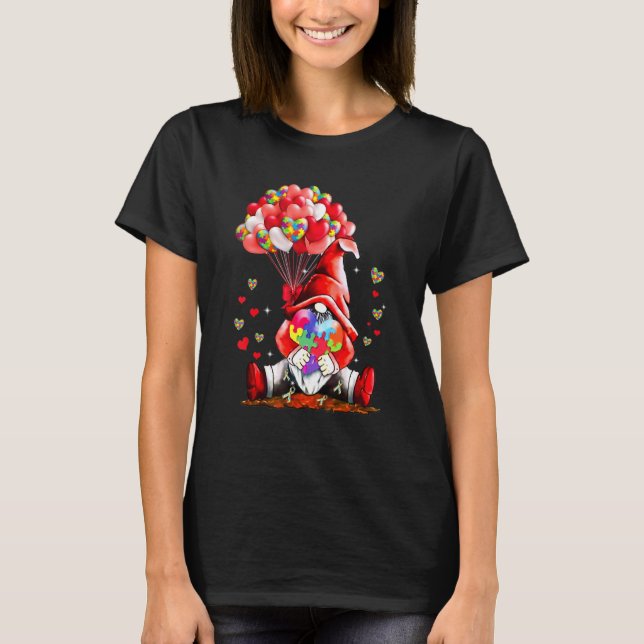 Camiseta Gnome Puzzles Balloon Heart Autism Awareness Valen (Frente)