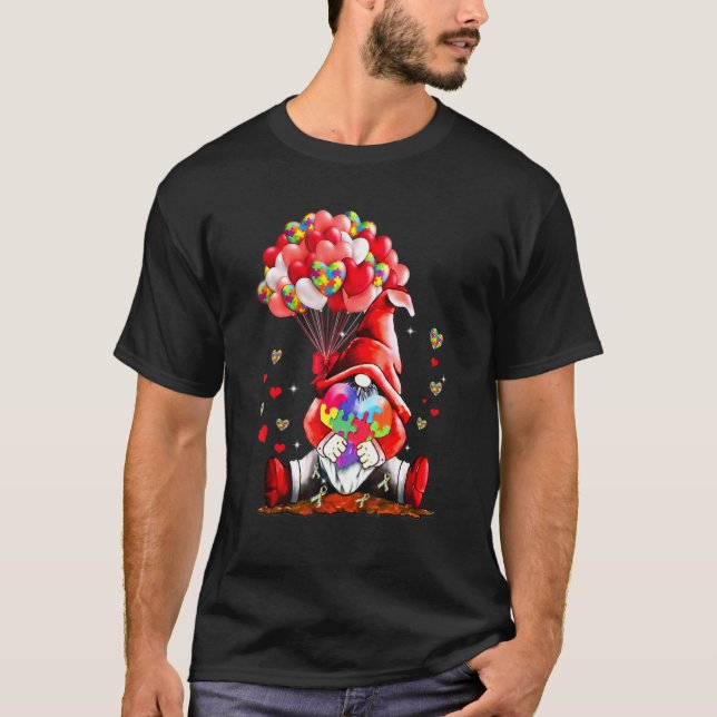 Camiseta Gnome Puzzles Balloon Heart Autism Awareness Valen (Frente)