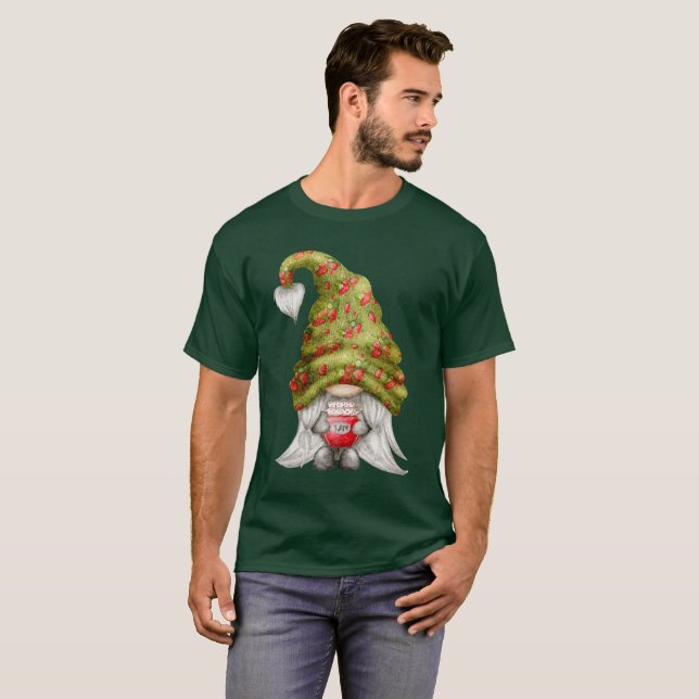 Camiseta Gnome Vestindo Strawberry Knit Hat e Jam Unisex (Frente Completa)